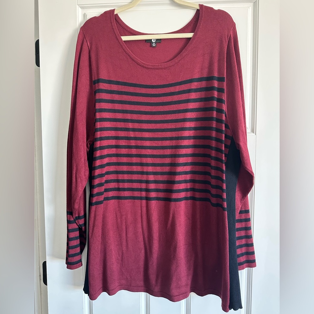 Women’s plus size 3X Long Sleeve sweater- Deep red and Black Stripes.